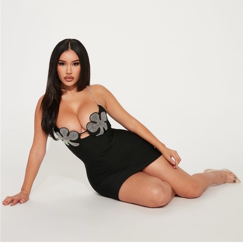 Black bandage Dress with Silver Floral Accents